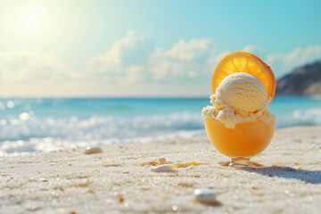 Obraz premium Orange Ice Cream on Beach. Orange and ice cream on sandy beach. Use for summer, vacation, and dessert themes.