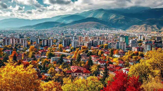 View of Strumica showcasing fall foliage and cityscape in North Macedonia, Aerial view of the city Strumica in North Macedonia on a sunny day in autumn