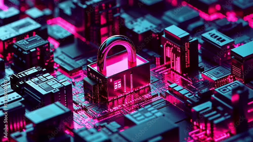 Poster digital padlock icon securing data on a network of circuit boards and processors, padlock icon and d