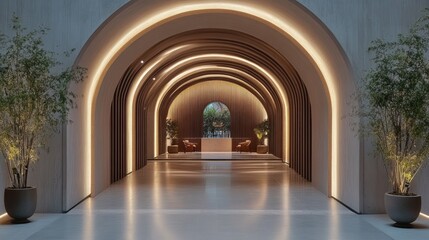 Fototapeta premium Serene hotel lobby archway, calming garden view, modern design, relaxing atmosphere