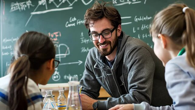 Chemistry class in action with teacher explaining experiment to students in classroom, Chemistry formulas over teacher explaining experiment to students in science classroom