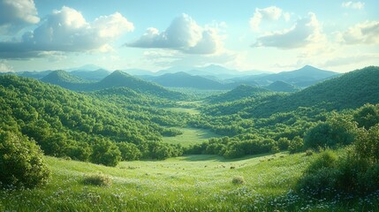 Fototapeta premium Serene Green Hills Landscape: A Breathtaking Panorama of Rolling Hills and Lush Meadows Under a Sunny Sky