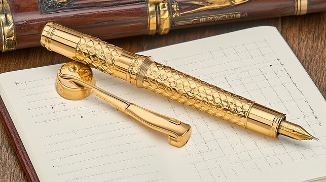 Gold pen on open notebook, detailed background