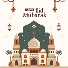 minimalist geometric mosque with eid mubarak greetings, Ramadan Kareem, horizontal pastel colored poster for Eid al-Fitr
