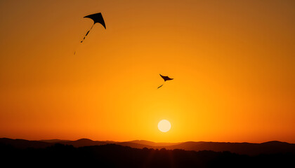 Kites flying against a vibrant orange sunset
