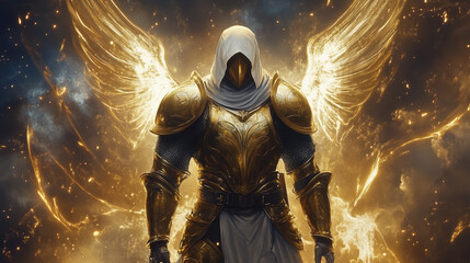 spiritual warrior with armour and angel wings spreading golden light