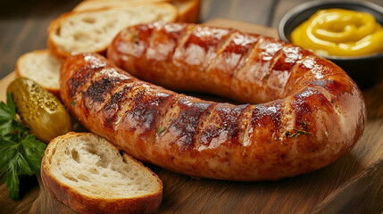 Grilled Hungarian Sausage with Bread and Mustard on a Wooden Board  
