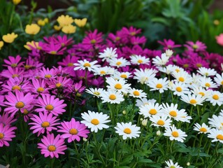 Obraz premium Vibrant Floral Display Featuring Colorful Daisies in Vivid Shades of Purple, Pink, and White Blossoms in a Lush Garden Setting