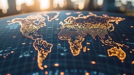 A glowing world map on a digital display with highlighted regions for global business growth.
