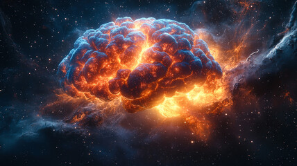Obraz premium Explosive Cosmic Brain Surrounded by Fiery Energy in Space 