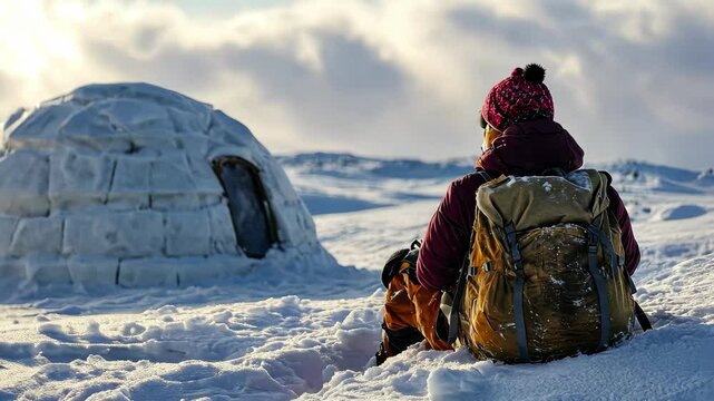 Eskimo enjoys serene winter day beside igloo in snowy landscape with vibrant sky, Eskimo next to an Igloo in the snow