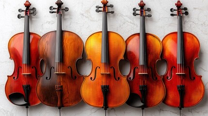 Fototapeta premium Five Exquisite Violins in a Row, a Symphony of Craftsmanship and Musical Heritage