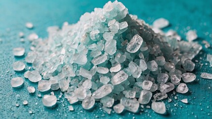 Close-up of magnesium flakes on turquoise background, salt crystal texture. Natural White sea salt as wellness or spa products for bath soaks or relaxation, self-care or sustainable living
