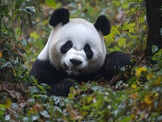 Obraz premium Panda Eating Bamboo in Forest Undergrowth.