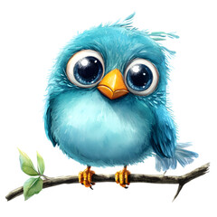 Fototapeta premium Cute watercolor whimsical blue bird on a transparent background, perfect for children’s illustrations, nursery decor, greeting cards, and playful nature designs