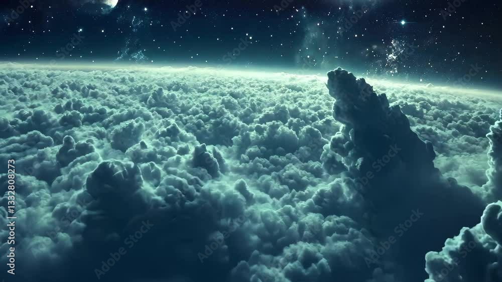 Poster vast universe gliding through serene clouds and twinkling stars in deep space, 4k universe, flying t