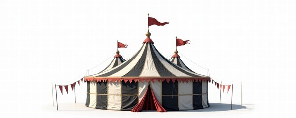 A vibrant circus tent featuring distinctive red and white stripes, adorned with flags, perfect for events, festivals, or marketing materials related to entertainment and fun.