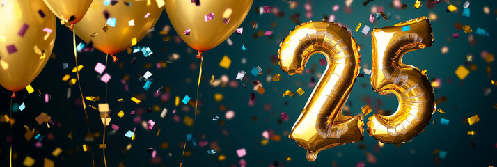 A radiant gold foil 25 balloon with elegant gold balloons and vibrant confetti, capturing the excitement of a memorable celebration, perfect for eye-catching event banners