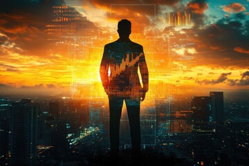 A businessman stands silhouetted against a vibrant cityscape at sunset, overlaid with data streams and graphs, symbolizing technological advancement and urban progress.
