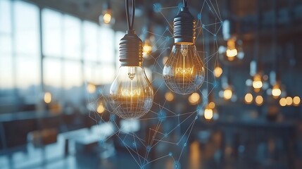 A brainstorming session with abstract diagrams and lightbulbs floating in the air.