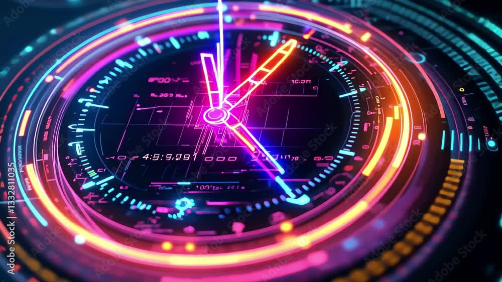 Aufkleber glowing neon countdown timer with vibrant colors and dynamic digital design, abstract glowing neon c