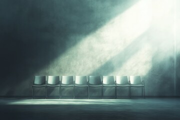 A row of empty chairs sits in a dimly lit room, bathed in a single shaft of sunlight.