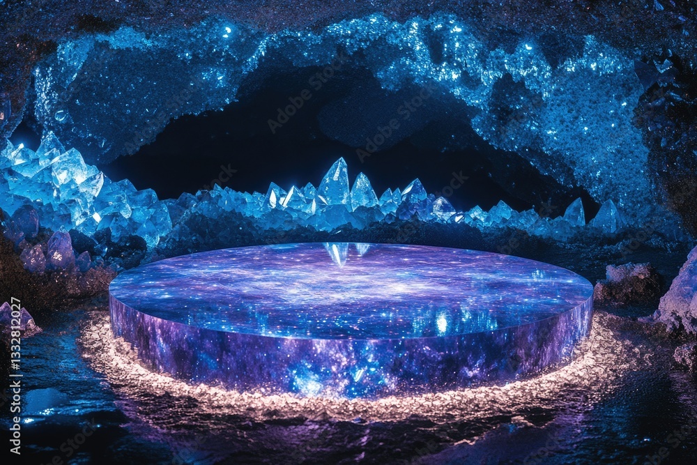 Poster a cosmic scene of a crystal cave with a mesmerizing galaxy-like platform.