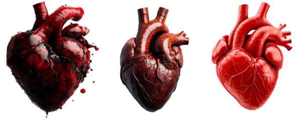 Realistic human heart renderings showing different textures and transparent background