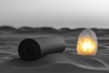Obraz premium A rolled-up yoga mat and a glowing Himalayan salt lamp sit on a sandy beach, creating a serene and peaceful atmosphere.