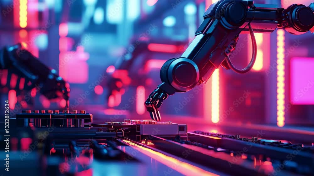 Poster advanced robotic arms are assembling components with precision in a futuristic manufacturing facilit