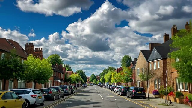 Clouds drift over residential streets of Northeast Luton Town in sunny weather, Clouds and Sky over Northeast Luton Town of England UK