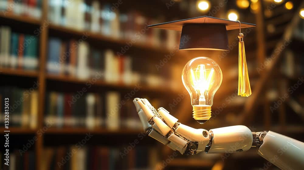 Poster a robot with a graduation cap holds a light bulb, symbolizing knowledge and innovation in a library 