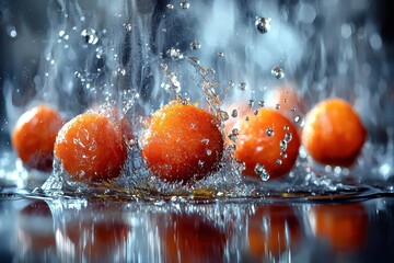 Delicious gulab jamun dessert, glistening with water droplets in a vibrant splash, showcasing an appetizing and refreshing treat on a reflective surface.