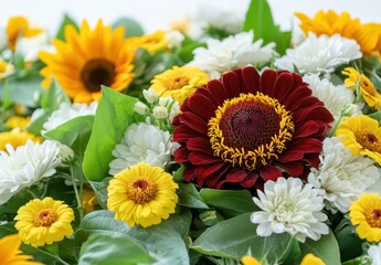 Fototapeta premium Vibrant Flower Arrangement Featuring Red Gerbera Daisy, Sunflowers, and White Chrysanthemums in Lush Green Foliage for Floral Decor and Celebrations