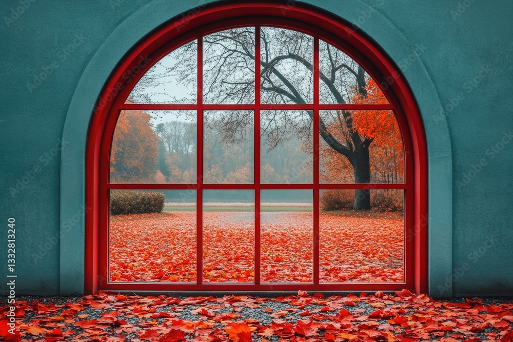 Poster a red arched window frames a breathtaking autumn scene, showcasing a carpet of fallen red leaves and