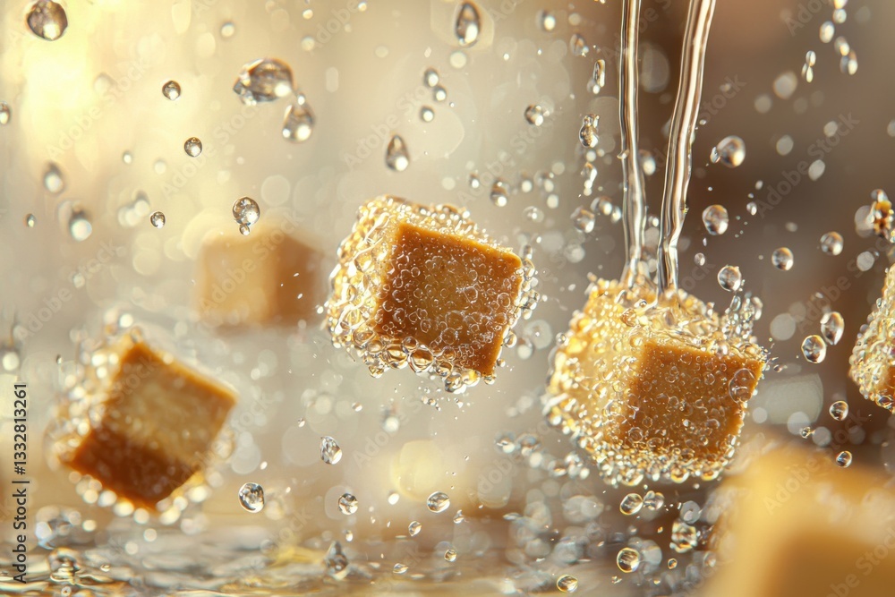Poster close-up of caramel cubes cascading into crystal clear water, droplets creating a mesmerizing splash