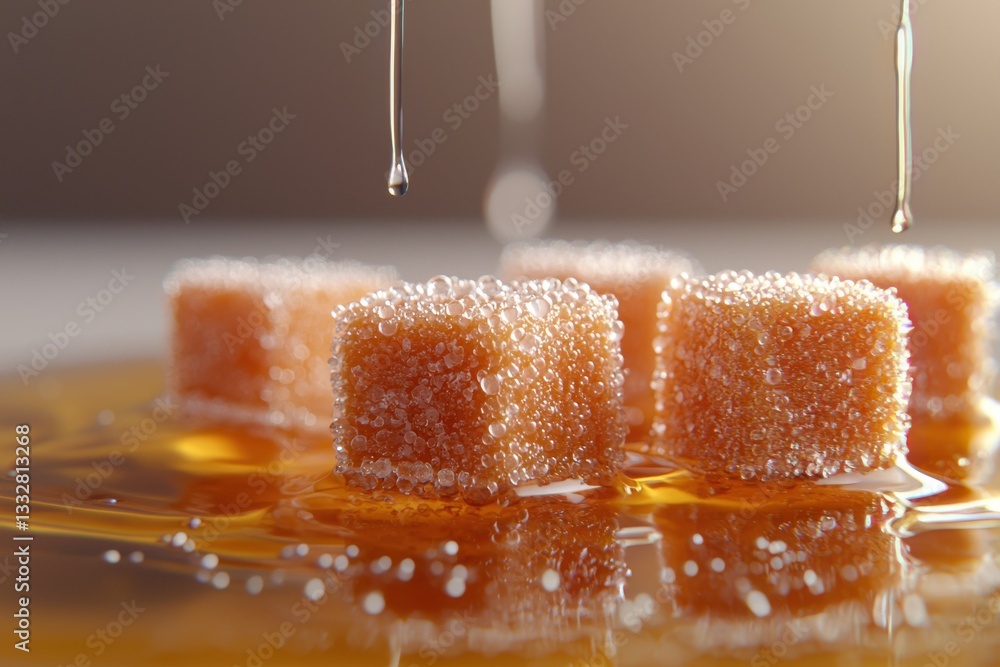Poster closeup of caramel sugar cubes with droplets being drizzled with liquid, creating a delicious and vi