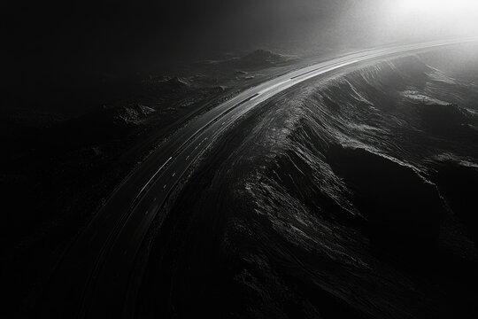 A winding highway snakes through a dark, mountainous landscape, illuminated by a distant light source. - Powered by Adobe