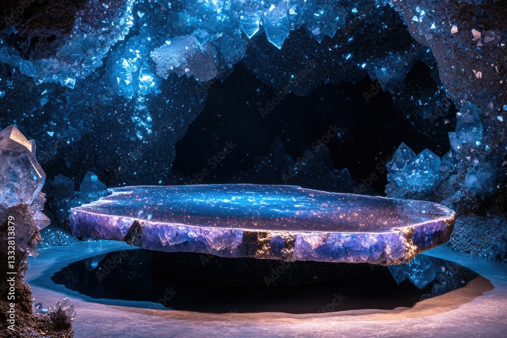 Poster A mesmerizing display of amethyst geode, illuminated, showcasing its crystalline structure and ethereal beauty within a dark cave.