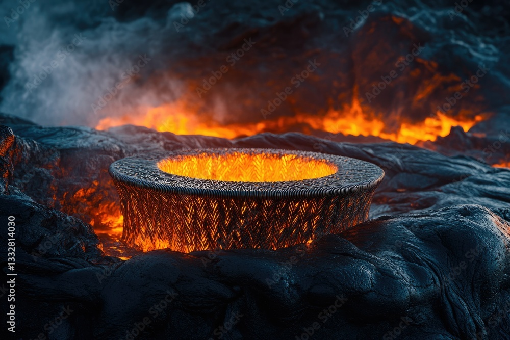 Aufkleber a mesmerizing circular structure glows intensely amidst a fiery lava flow, showcasing nature's raw p
