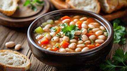 Fresh fasolada soup in a bowl garnished with parsley on wood  