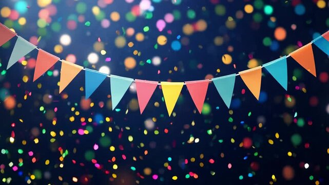 Festive atmosphere filled with colorful confetti and decorative banners during against a dark backdrop