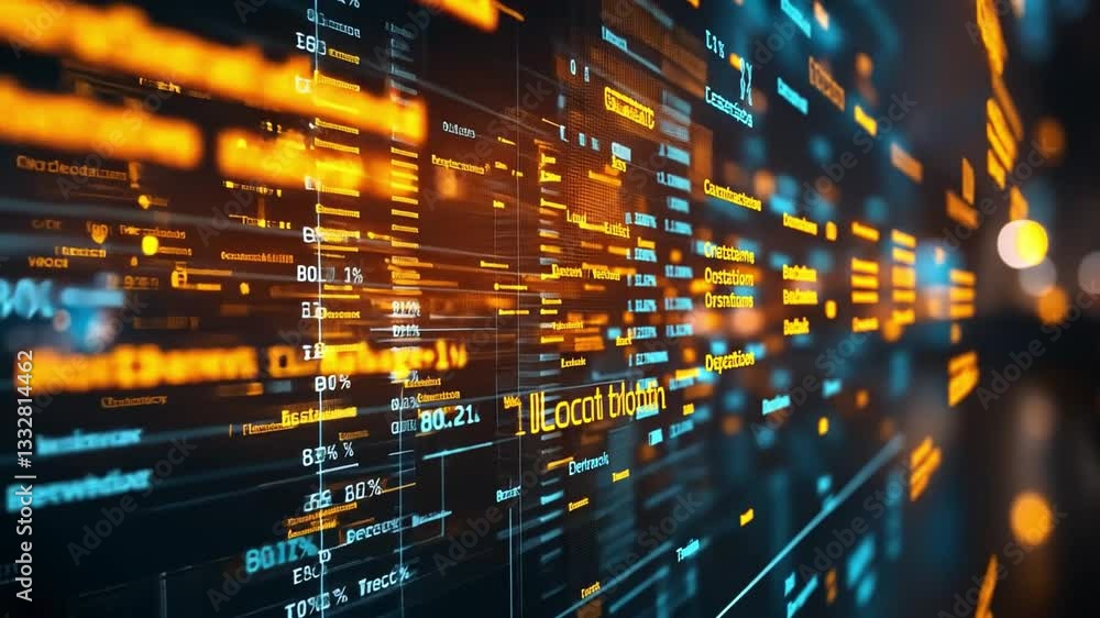 Poster digital data visualization showcasing dynamic information flow at a tech facility at night