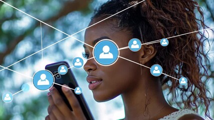 Connecting through technology in a digital world overlaid with a network, network of connections with icons over african american female doctor - Powered by Adobe