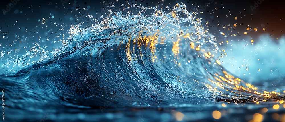 Poster captivating water feature with dynamic splashes and glowing reflections, evoking tranquility and pow