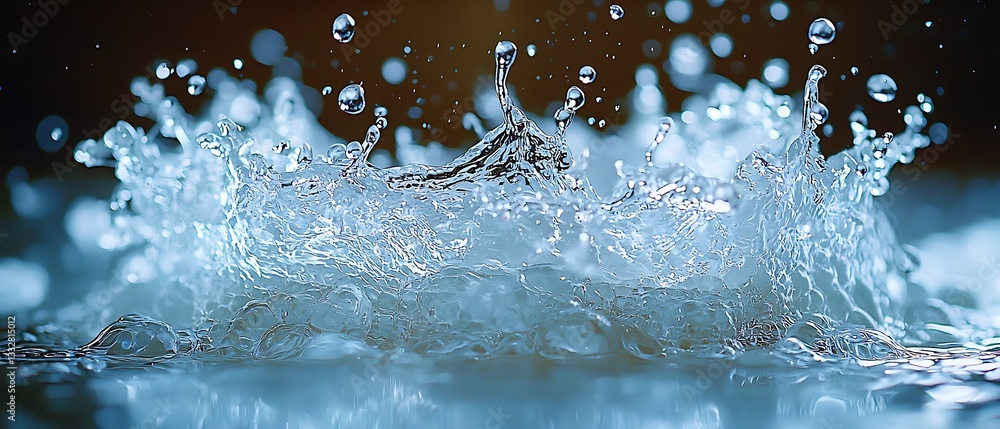 Poster captivating water splash motion with droplets creating abstract forms and visual rhythm against a bl