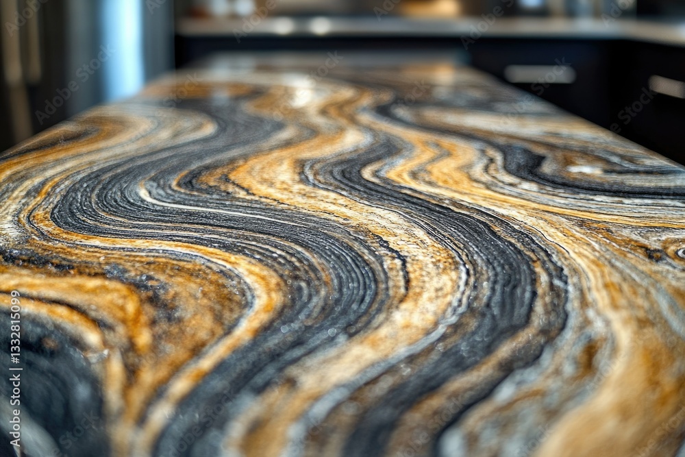 Poster swirling patterns of black, gold, and beige create a luxurious and elegant countertop surface.