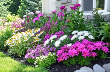 Vibrant Flower Bed in a Well-Maintained Garden with Colorful Blooms and Lush Greenery in Bright Natural Light
