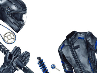 Motorcyclist helmet, protective gloves and jacket. Moto equipment, gear and clothes. Drive roller chain, shock absorber. Tire track, moto key. Watercolor frame illustration isolated from background © Yulia Kapura