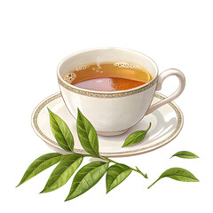 Tea Cup & Leaves: Refreshing Herbal Beverage isolated on transparent background